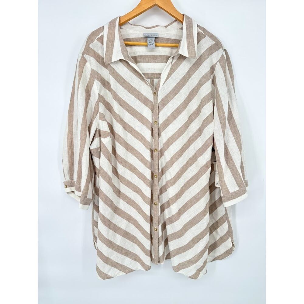 Catherines Linen Blend Blouse Womens 4X‎ White Tan Button Top 30/32W Coastal